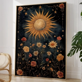 Celestial Sun Wall Art Sun and Floral Painting Boho Moody Sunset Poster Vintage Sun and Moon Print Tarot Crescent Picture Gothic Wildflowers Canvas Aesthetic Dark Academia Vibe Artwork 16x24inch No Frame
