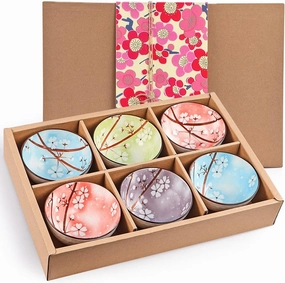 Ceramic Rice Bowls 10 oz, Sakura Bowl Gift Set, Assorted Color Dinnerware Serving Bowls for Rice, Cereal, Noodle, Soup, Desserts, Pack of 6 (Cherry Blossom)