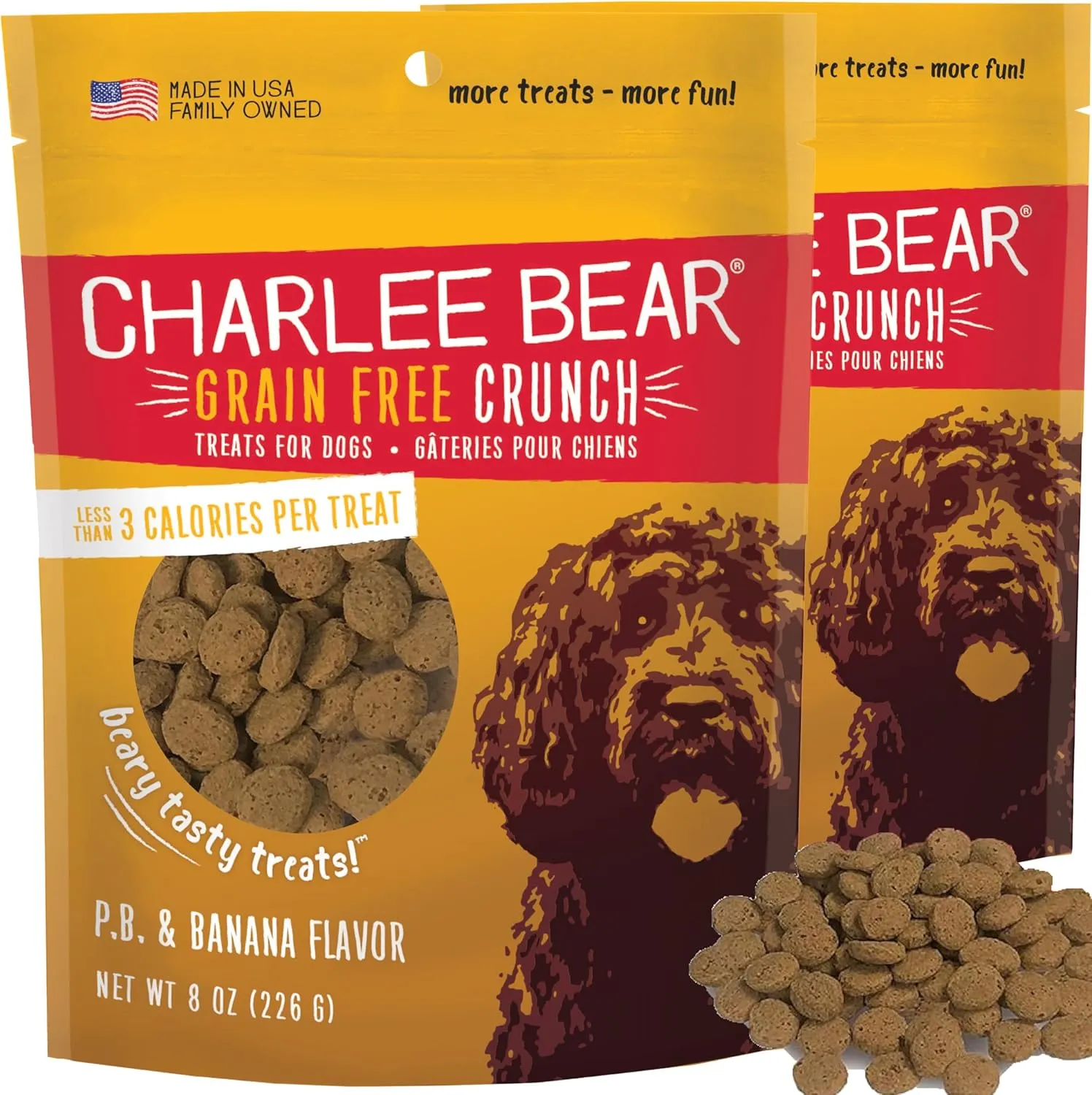 Charlee Bear Dog Treats Small Dogs Training Treats Crunchy Low Cal, Grain Free Canine Snacks, USA, Puppy Training Biscuits, PB & Banana, 2 Pack, 8oz Ea