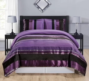 Chenille Bedding 2 Piece Twin Size Royal Purple, Black, Silver Grey Jacquard Striped Bed in A Bag Down Alternative Comforter Set. Perfect for Any Bedroom, Dorm or Guest Room