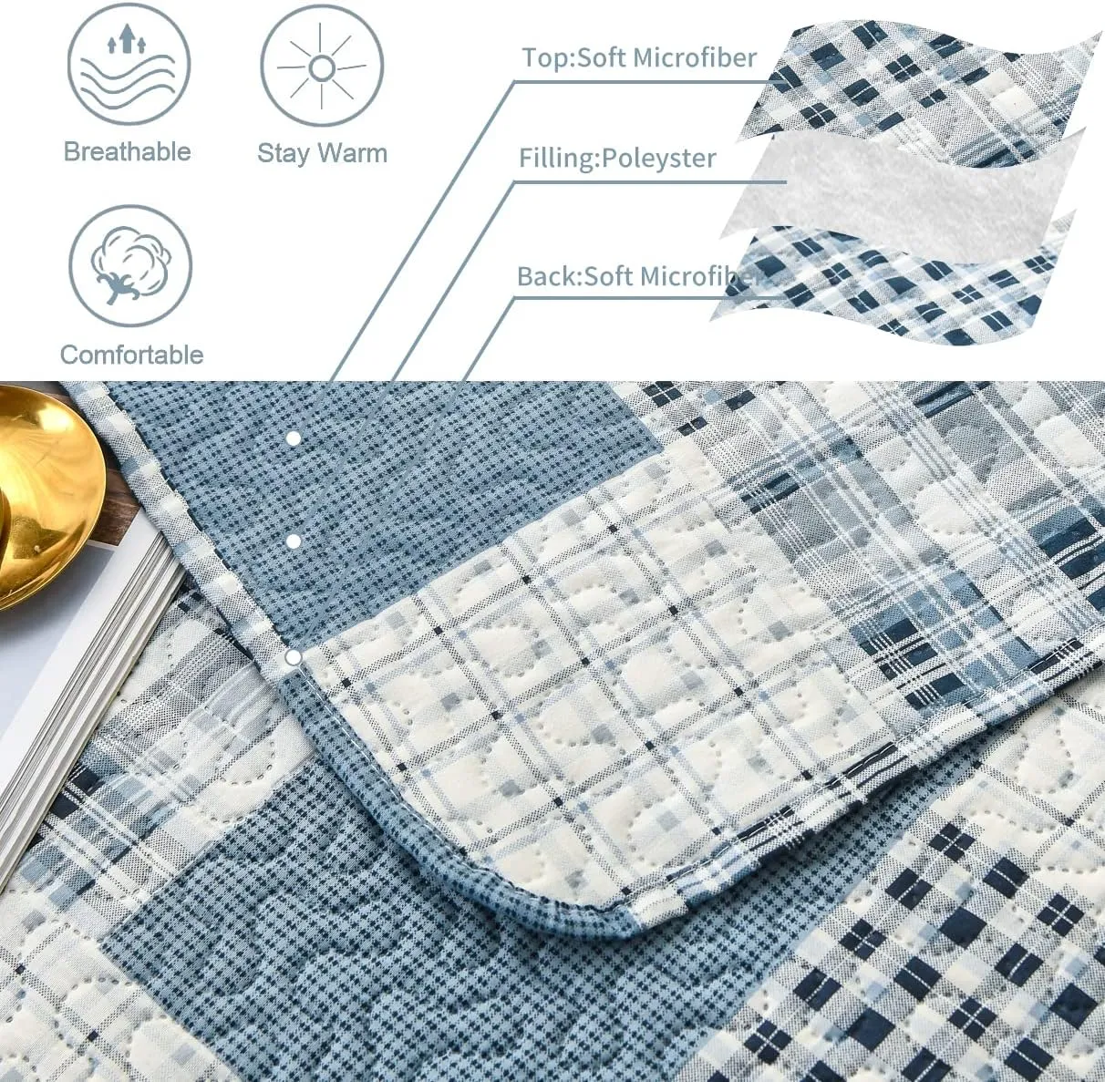 CHESITY 3 Piece King Size Plaid Quilt Set Country Patchwork Bedding Quilt Lightweight Reversible Bedspread Coverlet with Sham Soft All Season Bed Coverlet Set, 1 Quilt 2 Pillow Shams