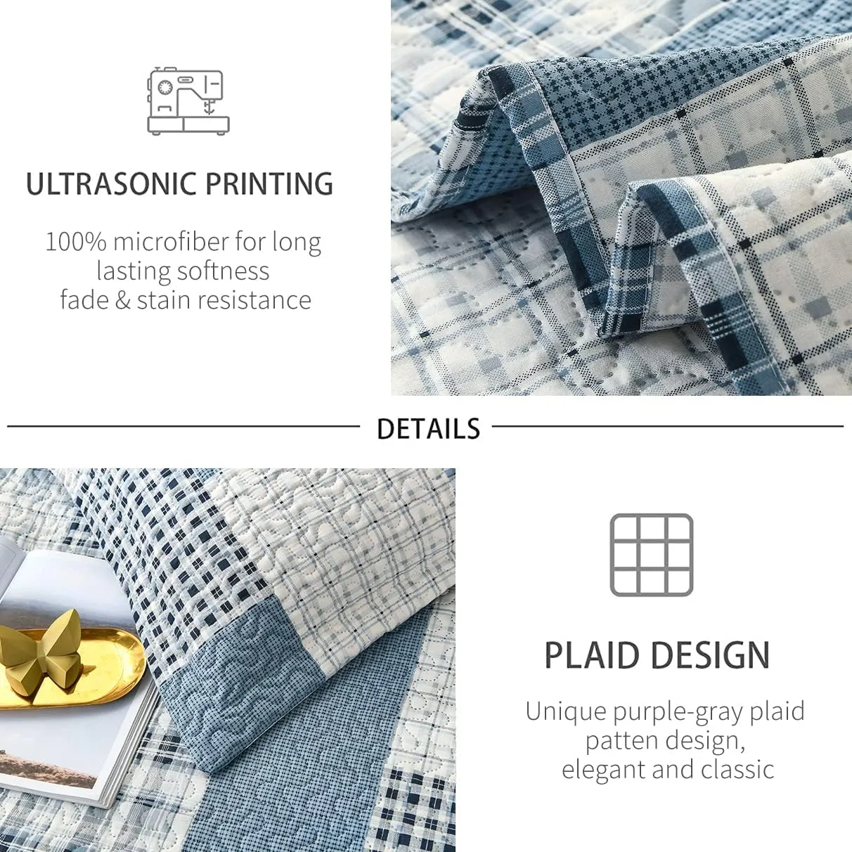 CHESITY 3 Piece King Size Plaid Quilt Set Country Patchwork Bedding Quilt Lightweight Reversible Bedspread Coverlet with Sham Soft All Season Bed Coverlet Set, 1 Quilt 2 Pillow Shams