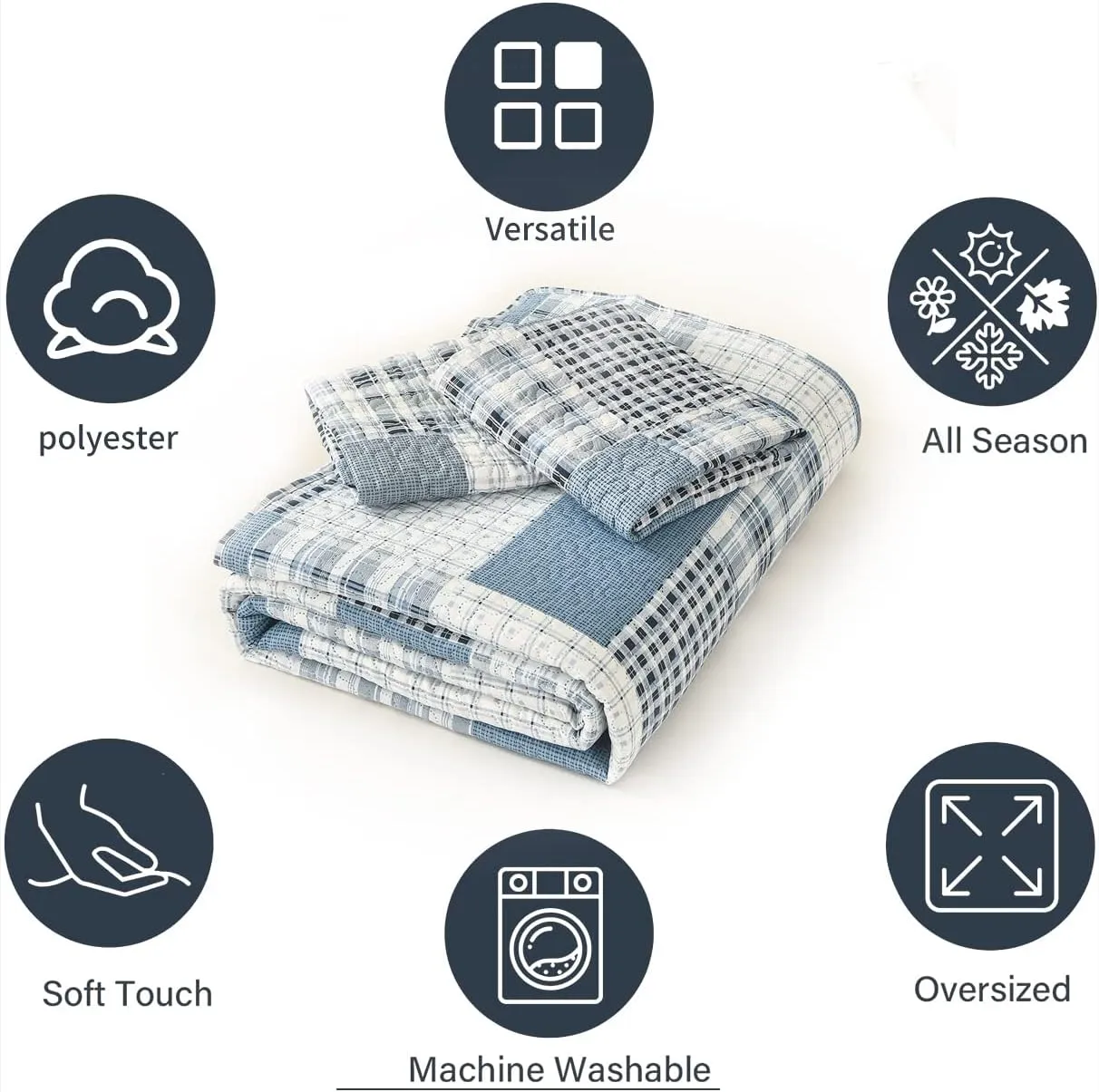 CHESITY 3 Piece King Size Plaid Quilt Set Country Patchwork Bedding Quilt Lightweight Reversible Bedspread Coverlet with Sham Soft All Season Bed Coverlet Set, 1 Quilt 2 Pillow Shams