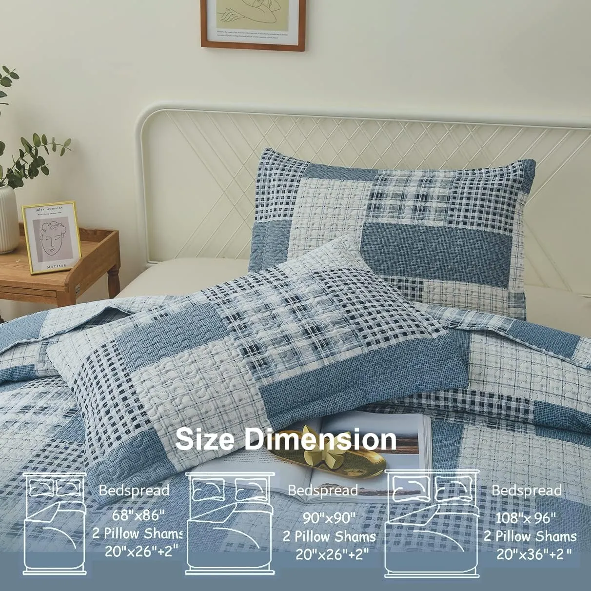 CHESITY 3 Piece King Size Plaid Quilt Set Country Patchwork Bedding Quilt Lightweight Reversible Bedspread Coverlet with Sham Soft All Season Bed Coverlet Set, 1 Quilt 2 Pillow Shams