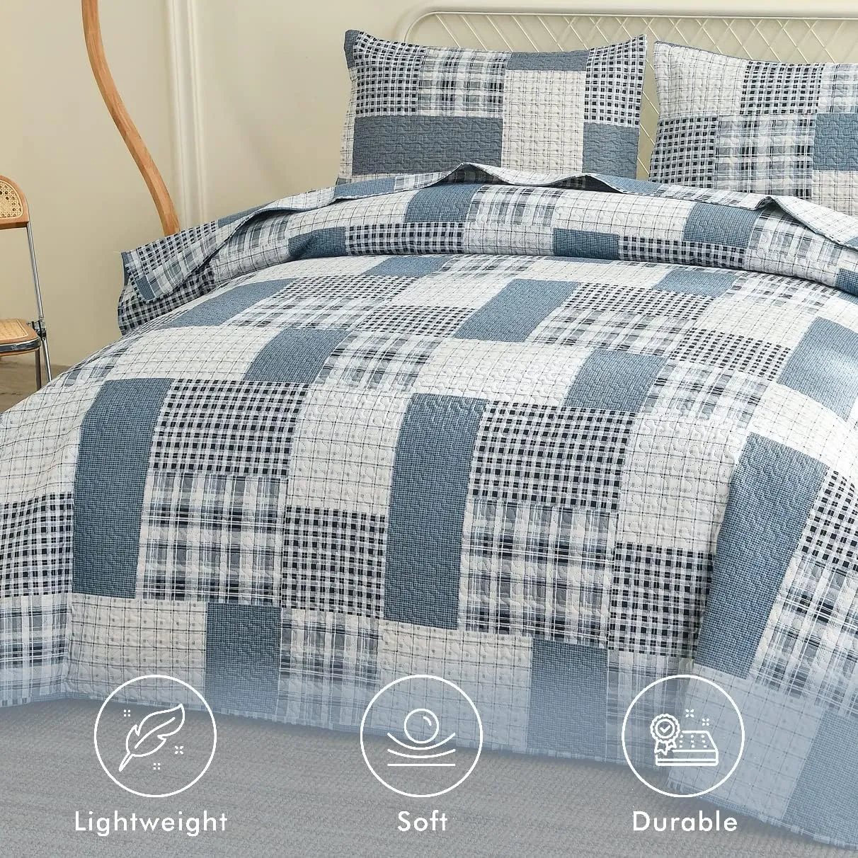 CHESITY 3 Piece King Size Plaid Quilt Set Country Patchwork Bedding Quilt Lightweight Reversible Bedspread Coverlet with Sham Soft All Season Bed Coverlet Set, 1 Quilt 2 Pillow Shams