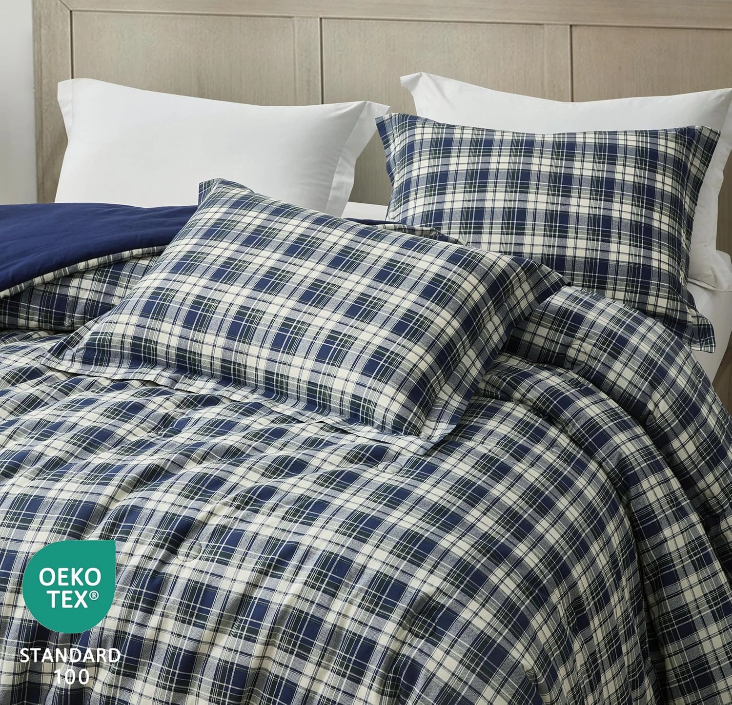 Chezmoi Collection Chad 3-Piece Queen Size Washed Cotton Plaid Comforter Set - Blue Green Light Beige Plaid Printed Bedding Set Reversible Lightweight Comforter for All Season