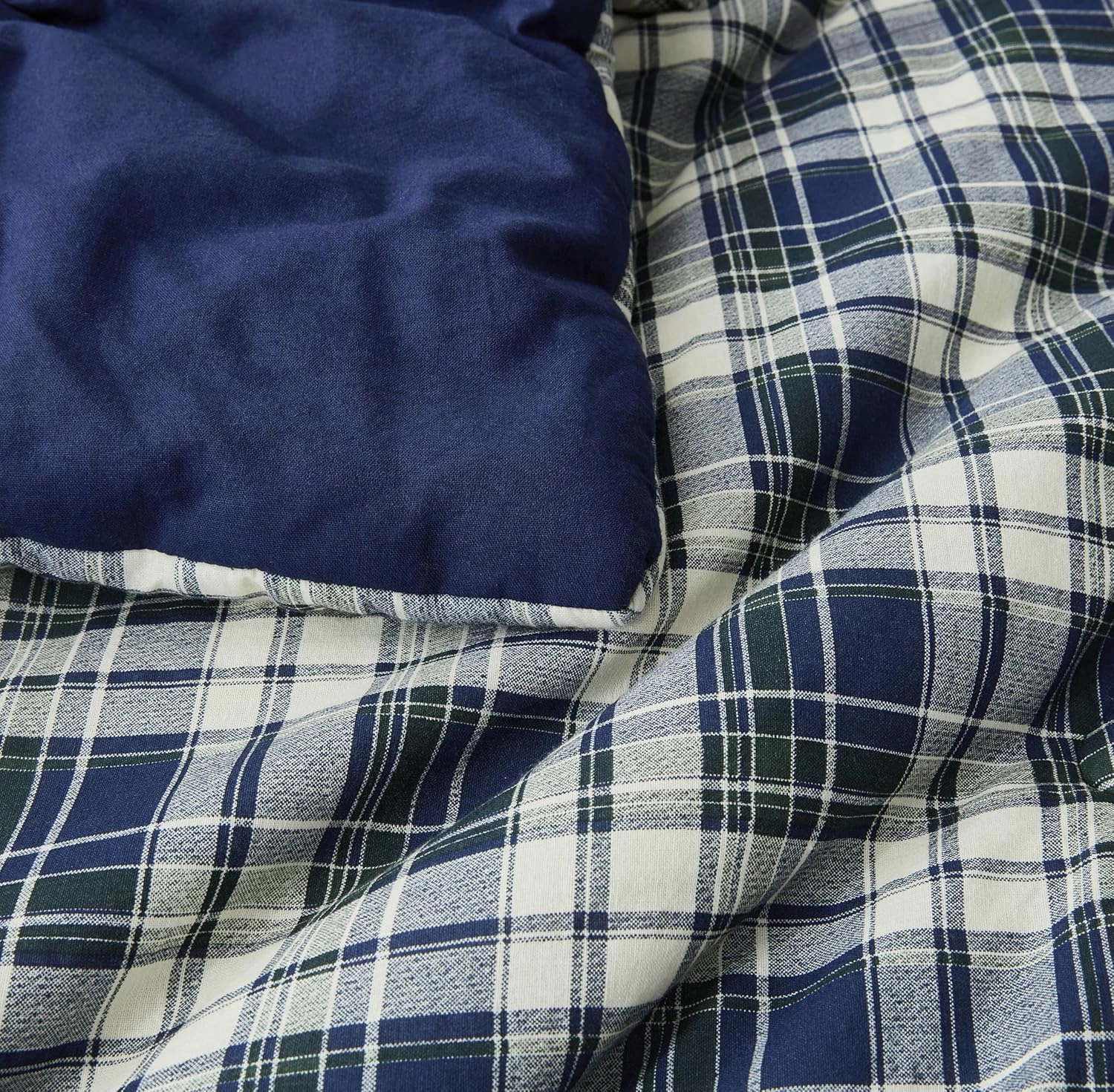 Chezmoi Collection Chad 3-Piece Queen Size Washed Cotton Plaid Comforter Set - Blue Green Light Beige Plaid Printed Bedding Set Reversible Lightweight Comforter for All Season