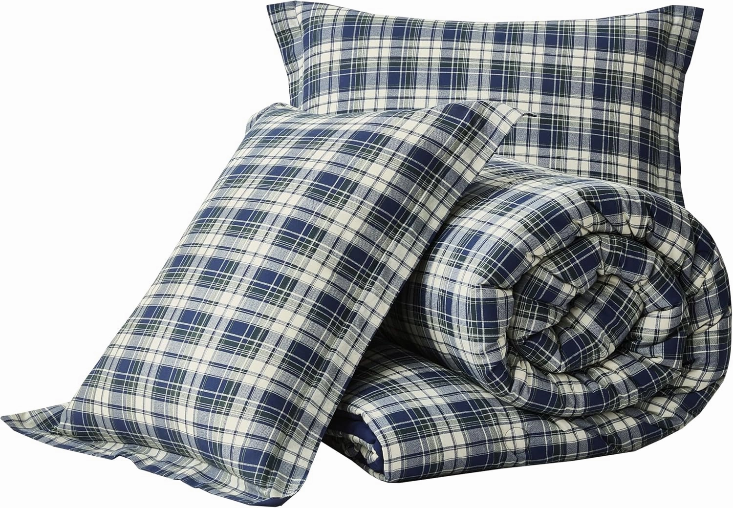 Chezmoi Collection Chad 3-Piece Queen Size Washed Cotton Plaid Comforter Set - Blue Green Light Beige Plaid Printed Bedding Set Reversible Lightweight Comforter for All Season