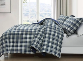 Chezmoi Collection Chad 3-Piece Queen Size Washed Cotton Plaid Comforter Set - Blue Green Light Beige Plaid Printed Bedding Set Reversible Lightweight Comforter for All Season