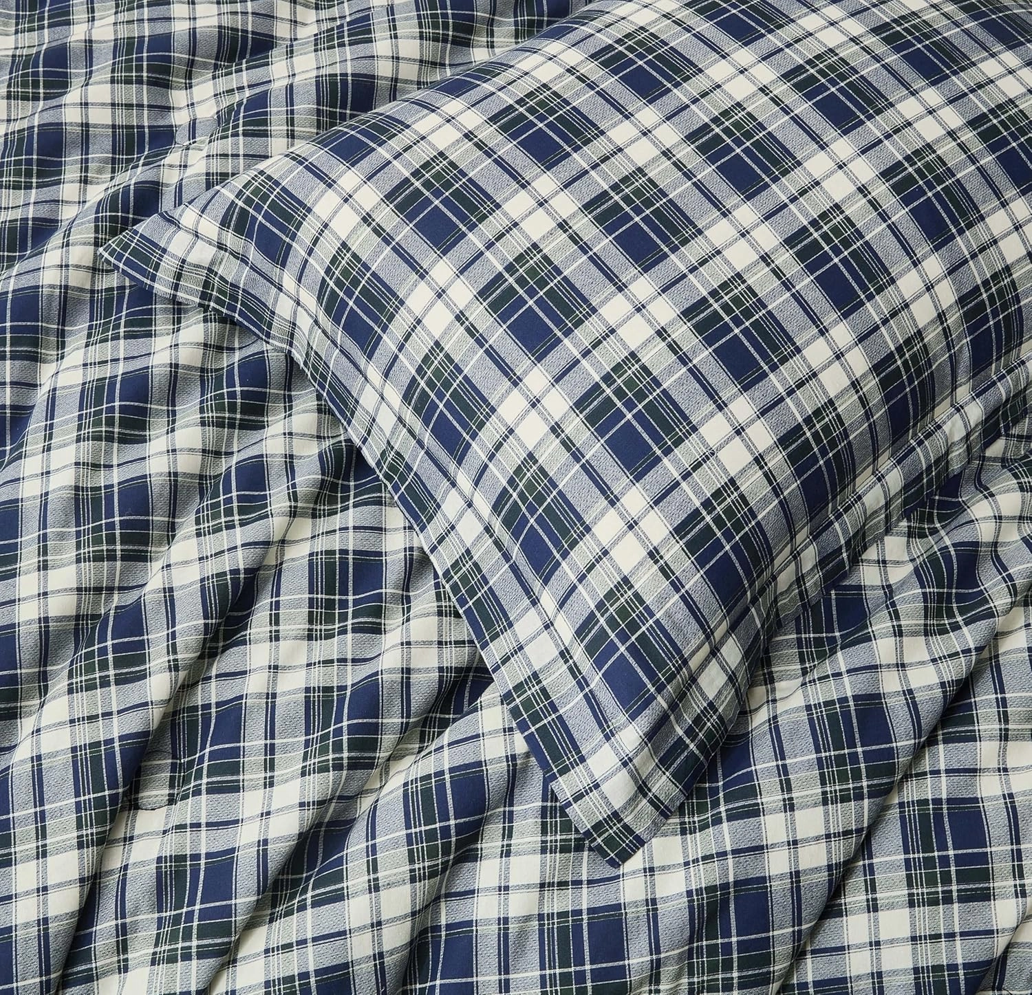 Chezmoi Collection Chad 3-Piece Queen Size Washed Cotton Plaid Comforter Set - Blue Green Light Beige Plaid Printed Bedding Set Reversible Lightweight Comforter for All Season