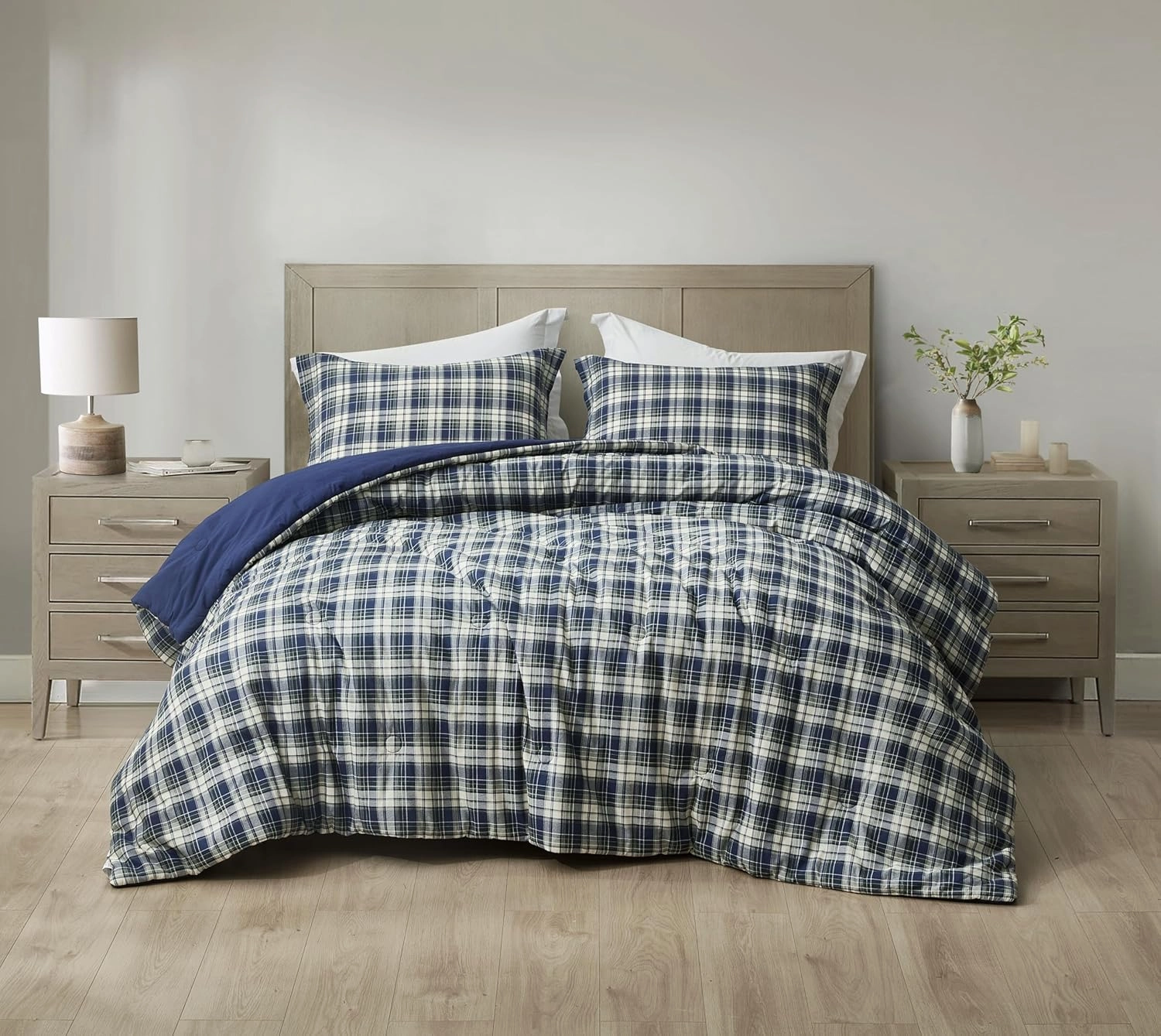 Chezmoi Collection Chad 3-Piece Queen Size Washed Cotton Plaid Comforter Set - Blue Green Light Beige Plaid Printed Bedding Set Reversible Lightweight Comforter for All Season