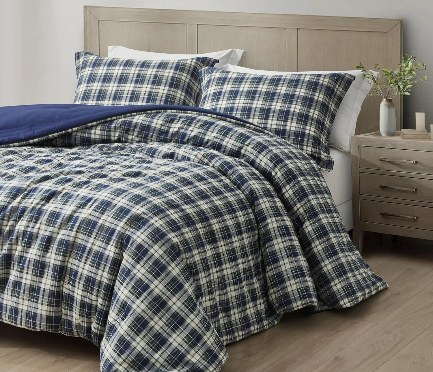 Chezmoi Collection Chad 3-Piece Queen Size Washed Cotton Plaid Comforter Set - Blue Green Light Beige Plaid Printed Bedding Set Reversible Lightweight Comforter for All Season