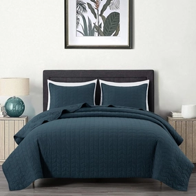 Chezmoi Collection Madrid 3-Piece Dark Blue Cotton Quilt Set King Size - Herringbone Quilted Lightweight Vintage Washed 100% Cotton Reversible Bedspread Set for All Season