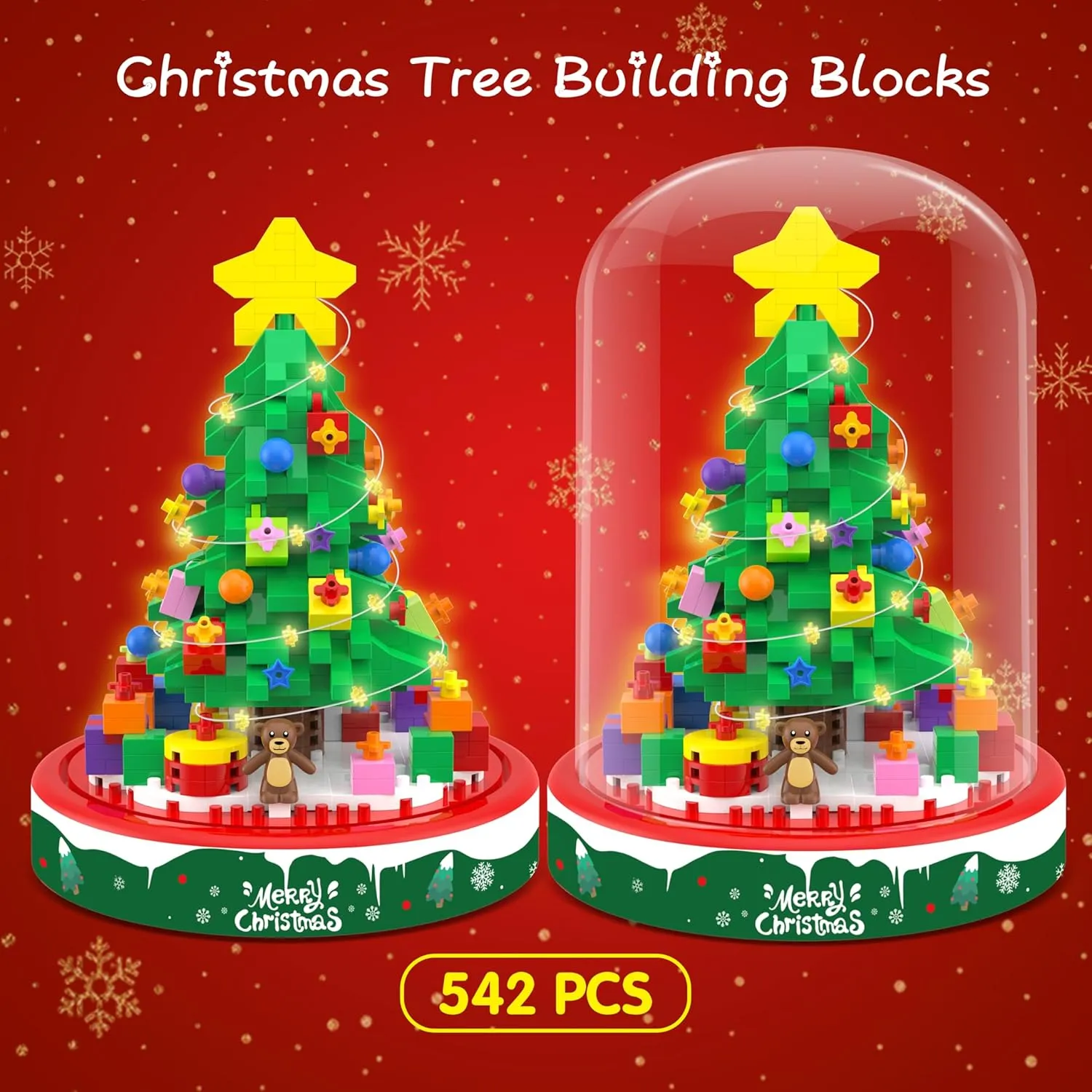 Christmas Tree Building Blocks Toy Set, 542 Pcs with LED Light, Tabletop Christmas Ornament, Xmas Gifts & Stocking Stuffers