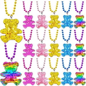 CiciBear 15 Pack Bear Sequin Necklace Party Favors with Mardi Gras Beads for Animal Themed Party Favors, Home Decorations, Festivals, Wedding, Birthday Celebrations, 5 Colors