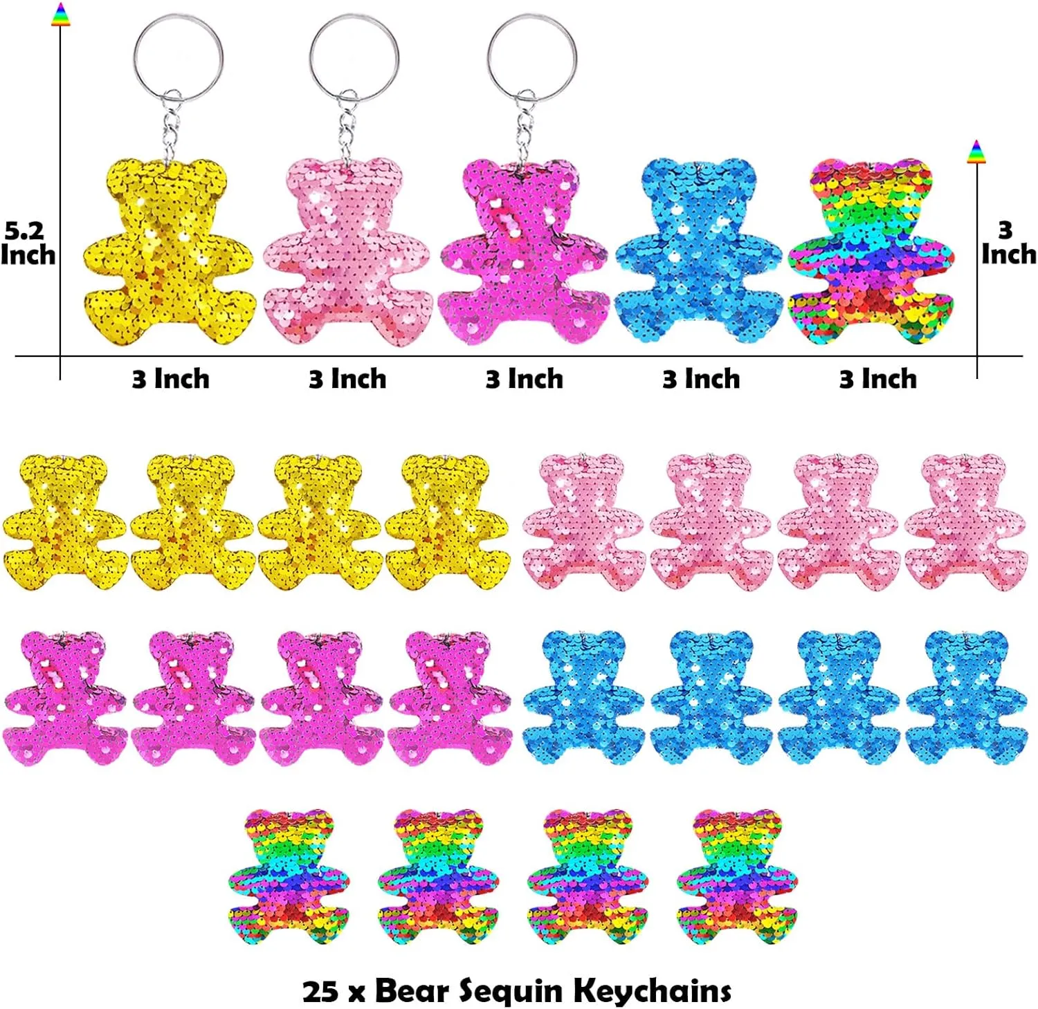 CiciBear 25 Pack Bear Sequin Keychains for Jungle Themed Party Favors, Bear Animal lover, Adults Birthday Gift, Party, 5 Colors