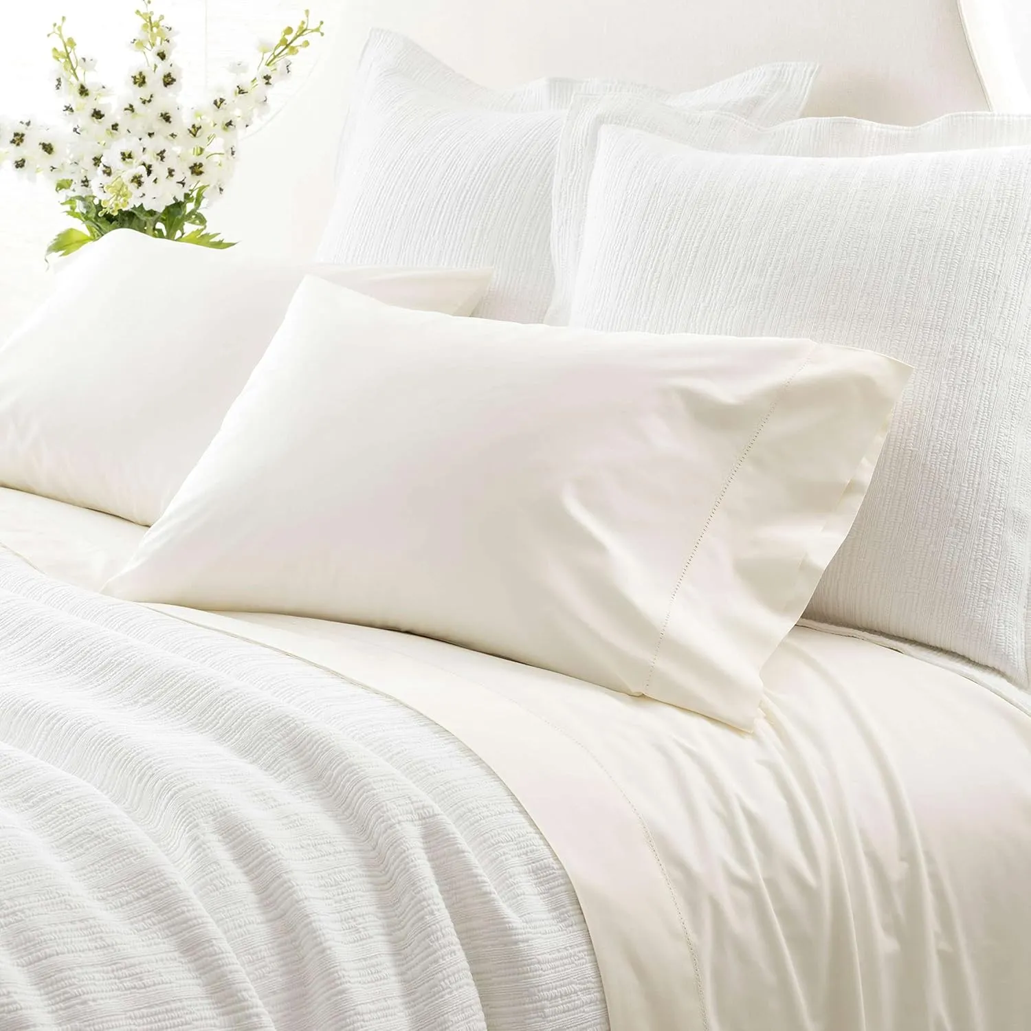 Classic Hemstitch Ivory Sheet Set, California King Size, Ivory Solid Pattern