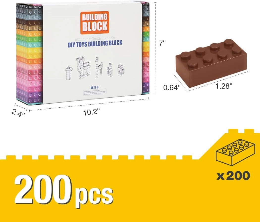 Classic Building Bricks, 200 Piece 2x4 Building Blocks STEM Creative Building Toys Compatible with All Major Brands, MOC Building Bricks DIY Play Set for Kids Age 6  (Brown)