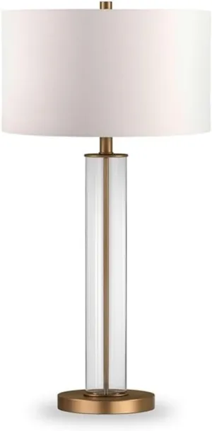 Clear Glass Table Lamp with Brass Accents and Linen Shade