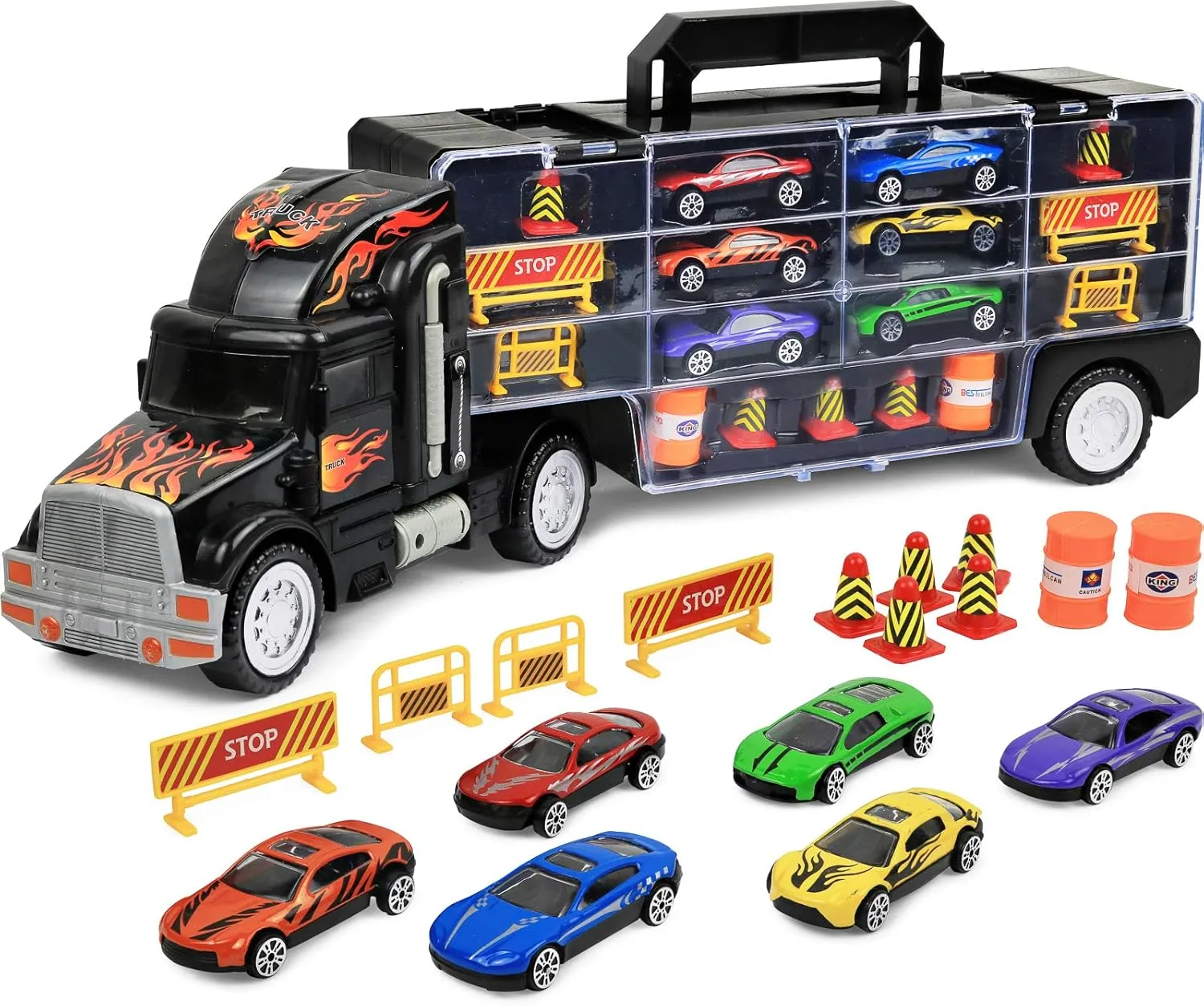 Click N' Play Truck Transport Carrier Toy for Boys and Girls, 15 Piece Hauler Truck with Cars, Road Signs, & More, Includes 28 Car Slots - Great Gift For Toddlers & Kids Age 3 , Black