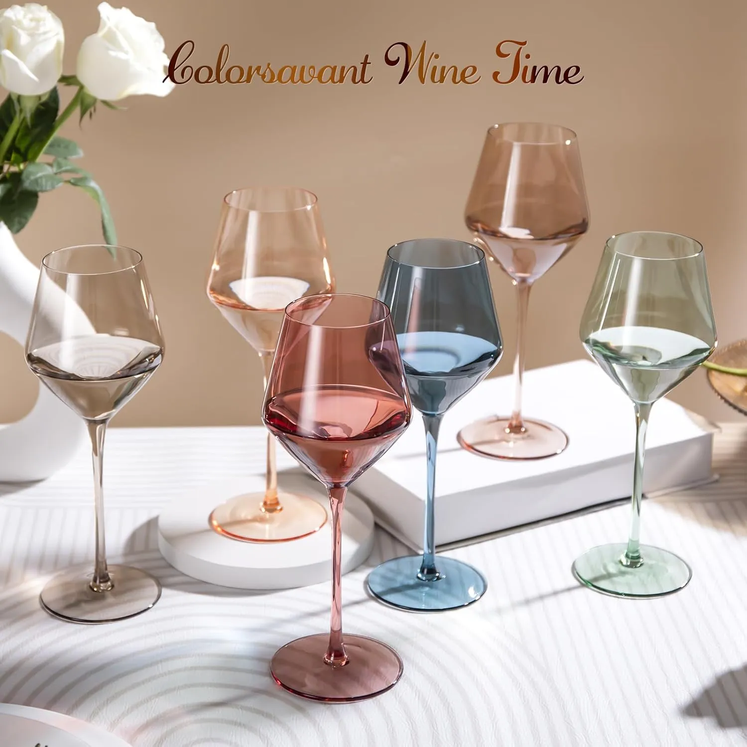 Colored Wine Glasses Set of 6-16oz Colorful Wine Glass with Stem【HandBlown】 Muted Wine Glasses Colored Set,Wine Gifts for Birthday Women Party