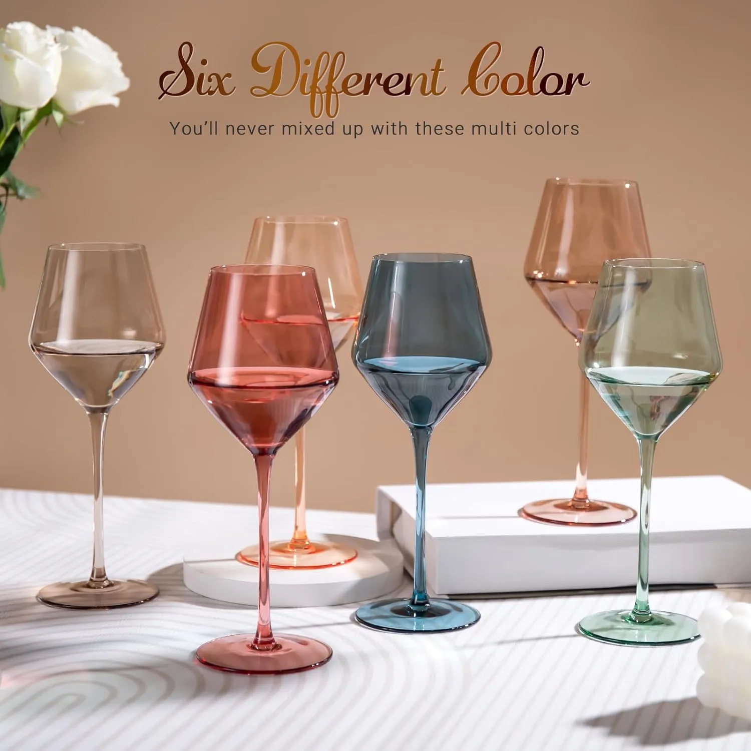 Colored Wine Glasses Set of 6-16oz Colorful Wine Glass with Stem【HandBlown】 Muted Wine Glasses Colored Set,Wine Gifts for Birthday Women Party