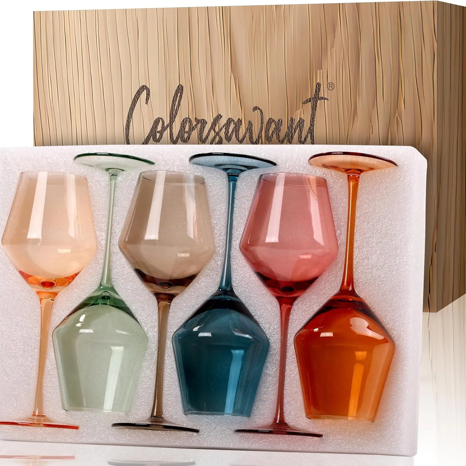 Colored Wine Glasses Set of 6-16oz Colorful Wine Glass with Stem【HandBlown】 Muted Wine Glasses Colored Set,Wine Gifts for Birthday Women Party