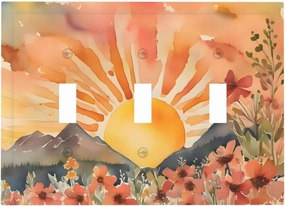 Colorful Boho Sun Floral 3 Gang Triple Toggle Decorative Light Switch Cover Mountain Landscape Electrical Flower Wall Plates Receptacle Switchplate Faceplates for Bathroom Bedroom