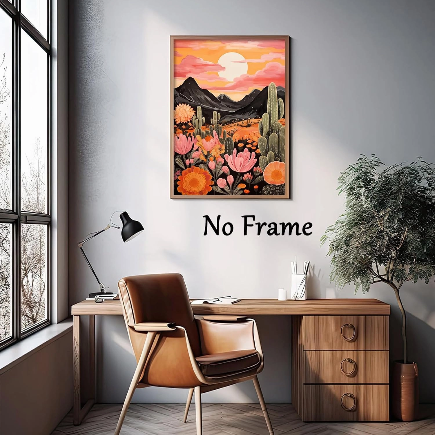 Colorful Cactus Canvas Wall Art Mountain Sunset Painting Desert Western Colorful Landscape Poster Cactus Flower Print Floral Botanical Desert Plant Pictures Abstract Landscape Artwork 16x24in No Frame