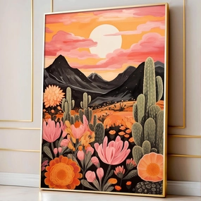 Colorful Cactus Canvas Wall Art Mountain Sunset Painting Desert Western Colorful Landscape Poster Cactus Flower Print Floral Botanical Desert Plant Pictures Abstract Landscape Artwork 16x24in No Frame
