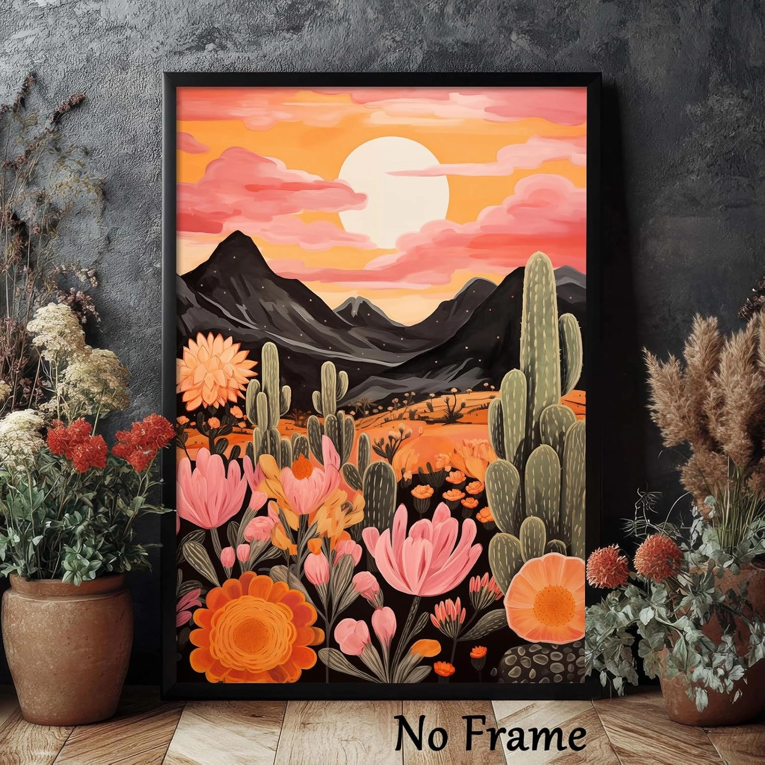 Colorful Cactus Canvas Wall Art Mountain Sunset Painting Desert Western Colorful Landscape Poster Cactus Flower Print Floral Botanical Desert Plant Pictures Abstract Landscape Artwork 16x24in No Frame