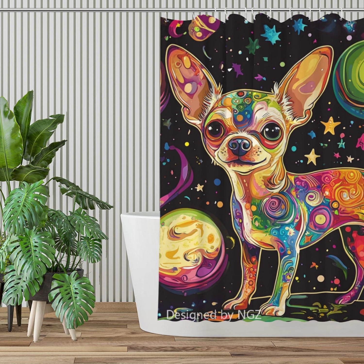 Colorful Cute Chihuahua Shower Curtain, Galaxy Space Curtain, 72x72 Inches Shower Curtains for Bathroom, Snow Fabric Bath Curtains Set with 12 Hooks