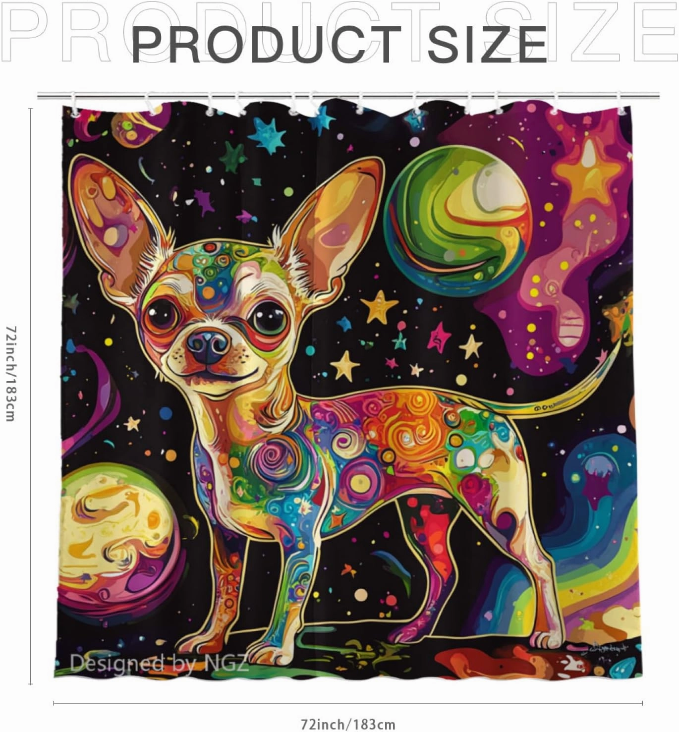 Colorful Cute Chihuahua Shower Curtain, Galaxy Space Curtain, 72x72 Inches Shower Curtains for Bathroom, Snow Fabric Bath Curtains Set with 12 Hooks