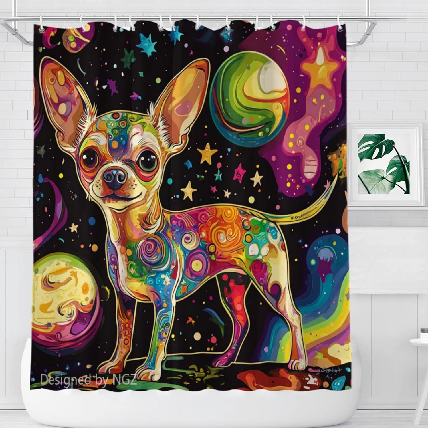 Colorful Cute Chihuahua Shower Curtain, Galaxy Space Curtain, 72x72 Inches Shower Curtains for Bathroom, Snow Fabric Bath Curtains Set with 12 Hooks