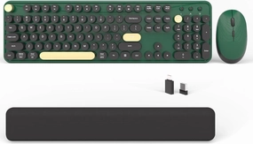 Colorful Wireless Computer Keyboards Mouse Combos, Cute Retro Typewriter Keyboard with Round Keycaps, 2.4 GHz 104 Keys Full-Sized USB/Type C Receiver Keyboard and Optical Mouse（Dark Green）