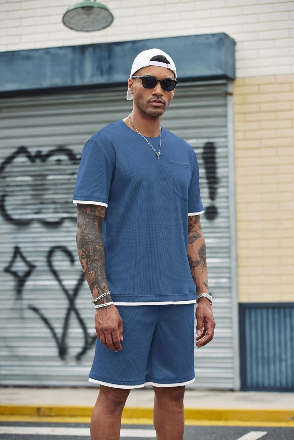 COOFANDY Men's Waffle Shirt and Shorts Set 2 Piece Outfits Casual Summer Tracksuits Set with Pockets