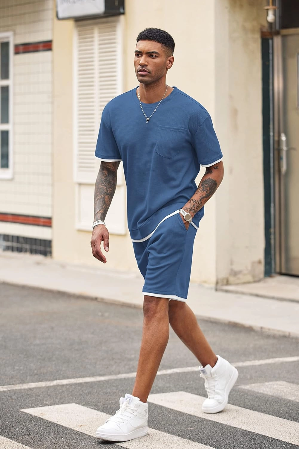 COOFANDY Men's Waffle Shirt and Shorts Set 2 Piece Outfits Casual Summer Tracksuits Set with Pockets