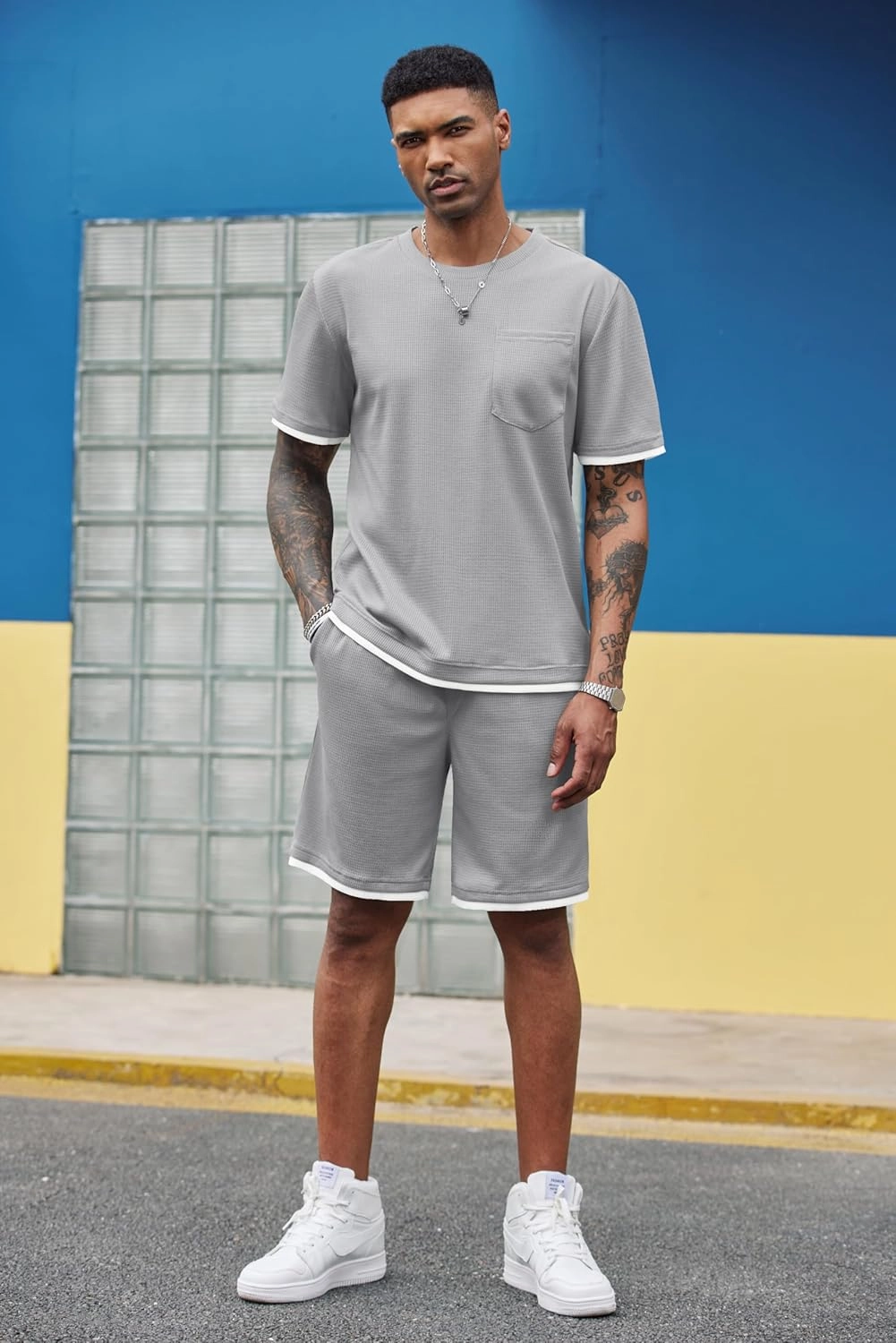 COOFANDY Men's Waffle Shirt and Shorts Set 2 Piece Outfits Casual Summer Tracksuits Set with Pockets