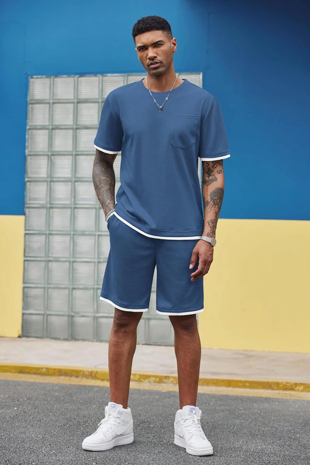 COOFANDY Men's Waffle Shirt and Shorts Set 2 Piece Outfits Casual Summer Tracksuits Set with Pockets