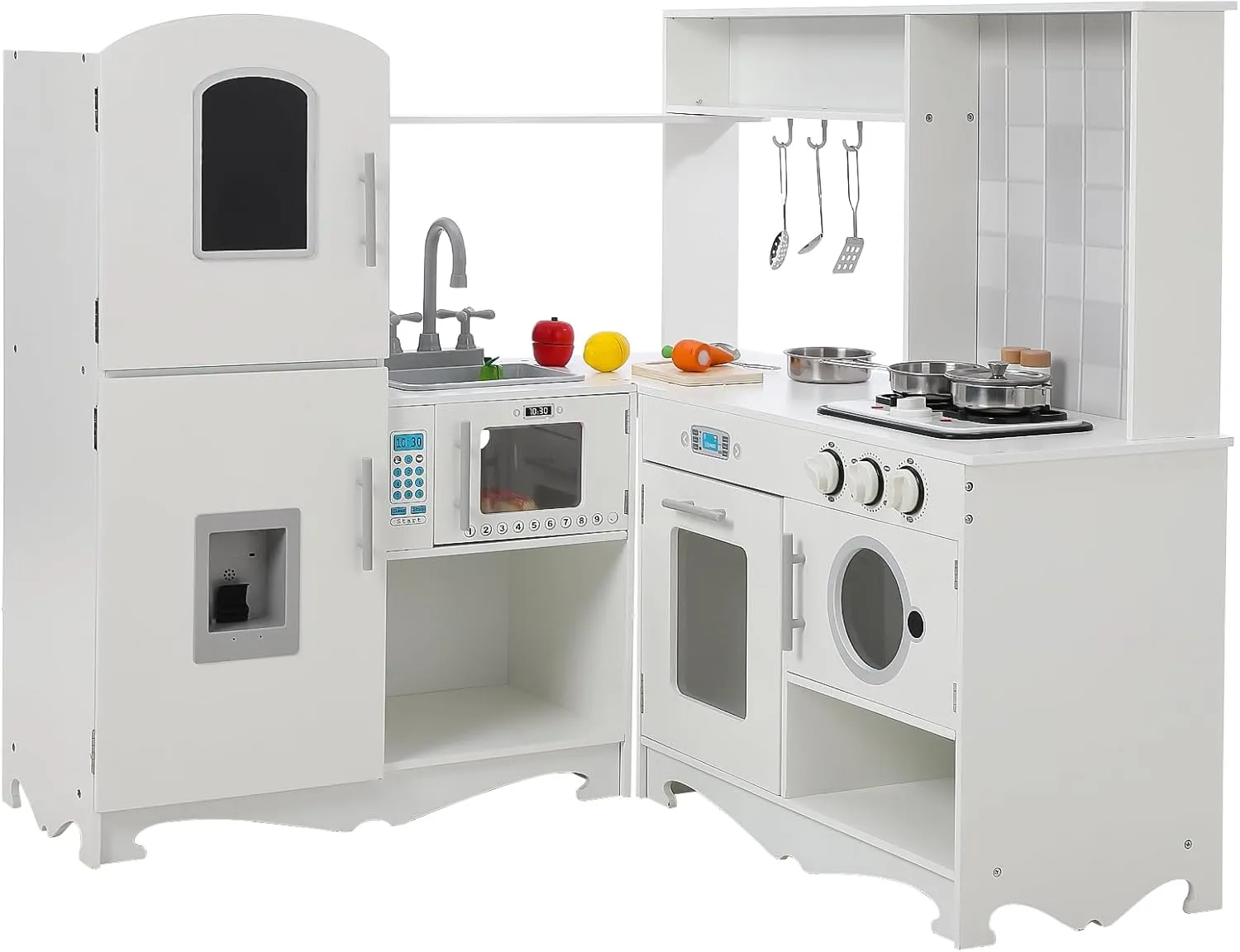 Corner Play Kitchen-Wooden Kitchen Playset w/Cooking Stove,Oven,Sink, Microwave, Blackboard, Storage Cabinets,Washing Machine-Pretend Cooking Toys with Sound Light for Kids