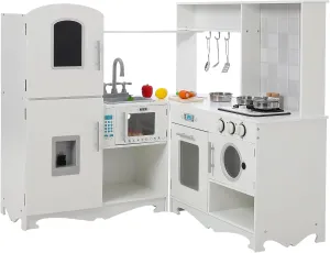 Corner Play Kitchen-Wooden Kitchen Playset w/Cooking Stove,Oven,Sink, Microwave, Blackboard, Storage Cabinets,Washing Machine-Pretend Cooking Toys with Sound Light for Kids