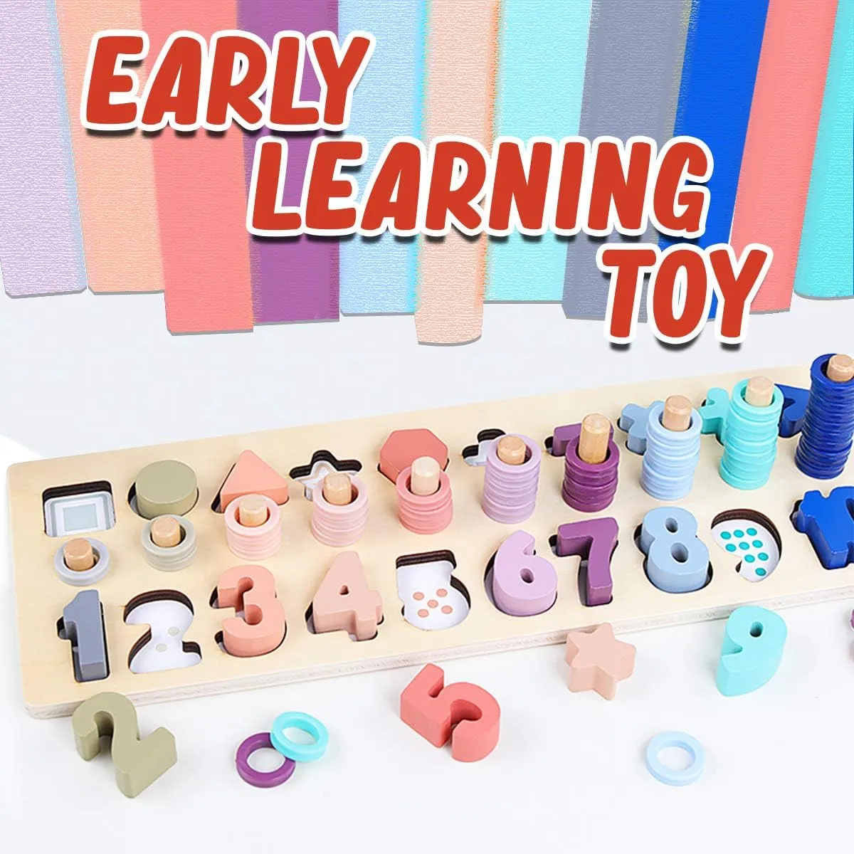 CozyBomB Montessori Educational Wooden Shape & Number Puzzle Blocks - Preschool Learning Toys for Boy & Girl (Macaron)