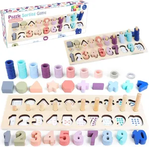 CozyBomB Montessori Educational Wooden Shape & Number Puzzle Blocks - Preschool Learning Toys for Boy & Girl (Macaron)