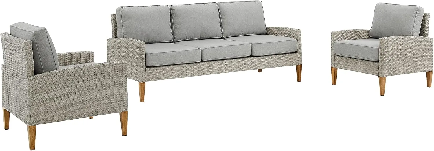 Crosley Furniture Capella 3-Piece Outdoor Sofa Patio Furniture Set, Wicker Conversation Sets for Porch, Acorn with Gray Cushions