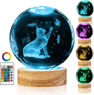 Crystal Ball Night Light Cat Lamp, 3.15 Inch Cat Figurines with 16 Color Wooden LED Base, Birthday &