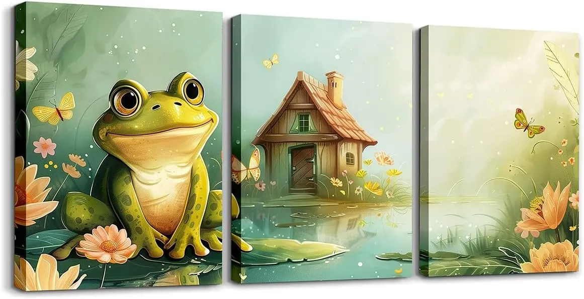 Cute Frog Canvas Wall Art Set of 3,Rustic Lodge Cabin Jungle Wild Animal Wall Hangings for Living Room Bedroom,Natural Lake Botanical Flowers Leaves Canvas Wall Decor Home Artwork