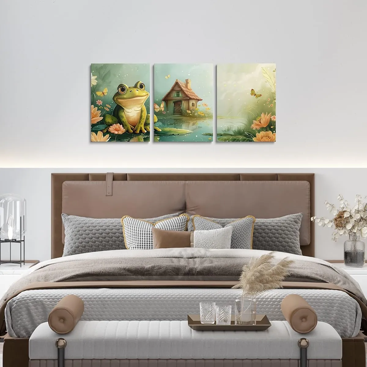 Cute Frog Canvas Wall Art Set of 3,Rustic Lodge Cabin Jungle Wild Animal Wall Hangings for Living Room Bedroom,Natural Lake Botanical Flowers Leaves Canvas Wall Decor Home Artwork