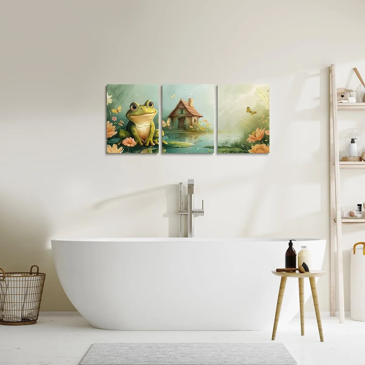 Cute Frog Canvas Wall Art Set of 3,Rustic Lodge Cabin Jungle Wild Animal Wall Hangings for Living Room Bedroom,Natural Lake Botanical Flowers Leaves Canvas Wall Decor Home Artwork