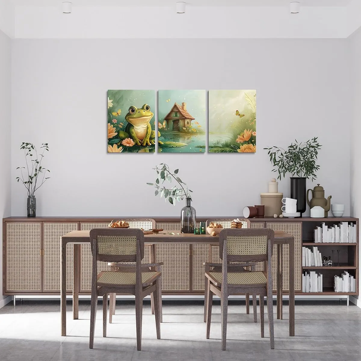 Cute Frog Canvas Wall Art Set of 3,Rustic Lodge Cabin Jungle Wild Animal Wall Hangings for Living Room Bedroom,Natural Lake Botanical Flowers Leaves Canvas Wall Decor Home Artwork