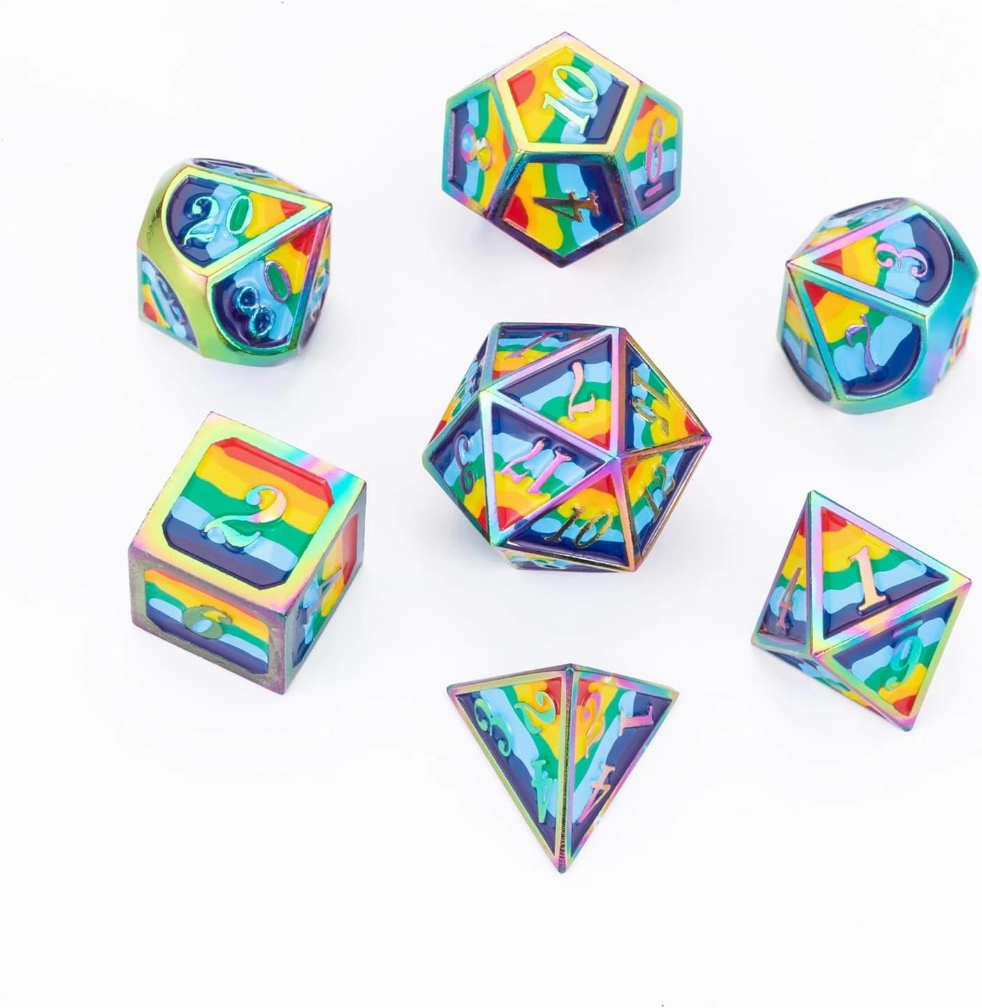 D&D Plating Metal Dice Set 7pcs t with Gift Box for Dungeons and Dragons MTR PRG Tabletop Game(Rainbow-C)